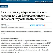 Las fusiones y adquisiciones caen casi un 10% en las operaciones y un 32% en el importe hasta octubre